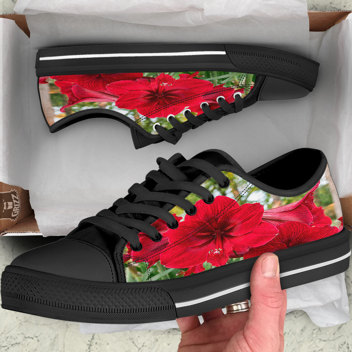 Amaryllis Red Print Black Low Top Shoes-grizzshop
