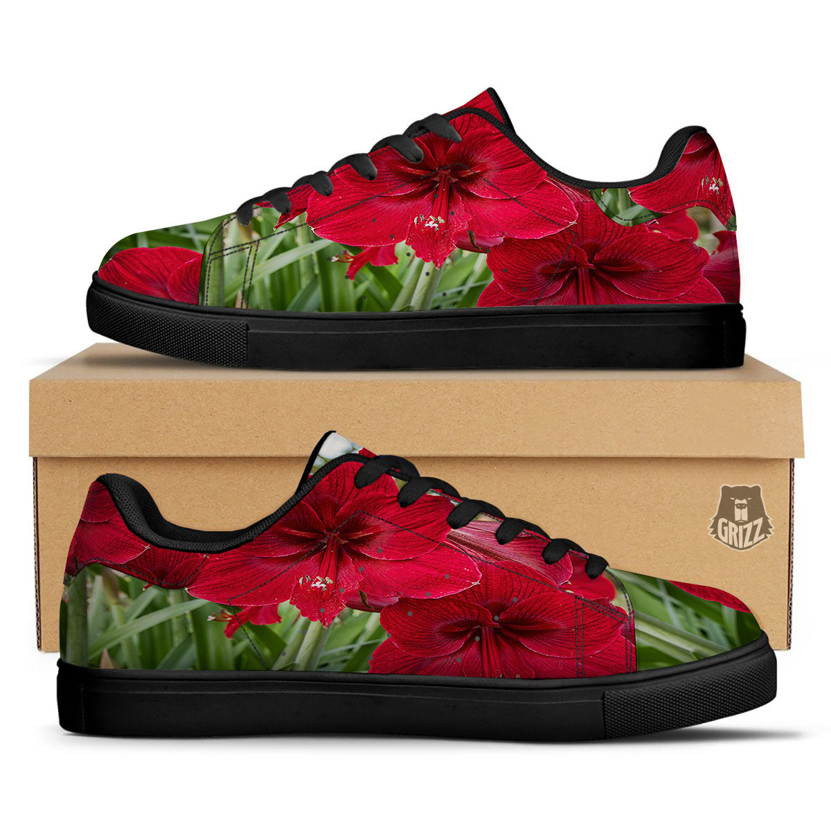 Amaryllis Red Print Black Low Top Sneakers-grizzshop