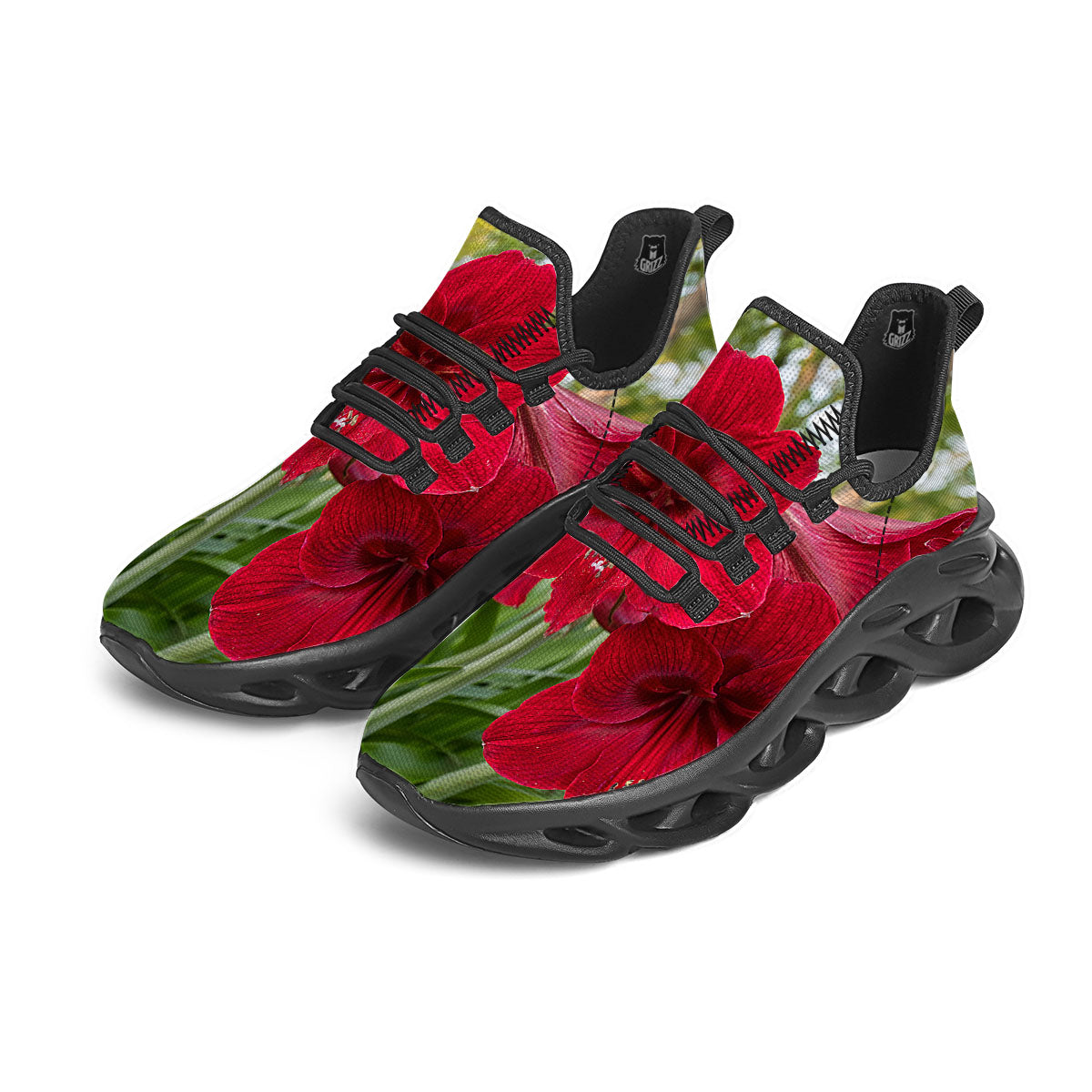 Amaryllis Red Print Black Running Shoes-grizzshop
