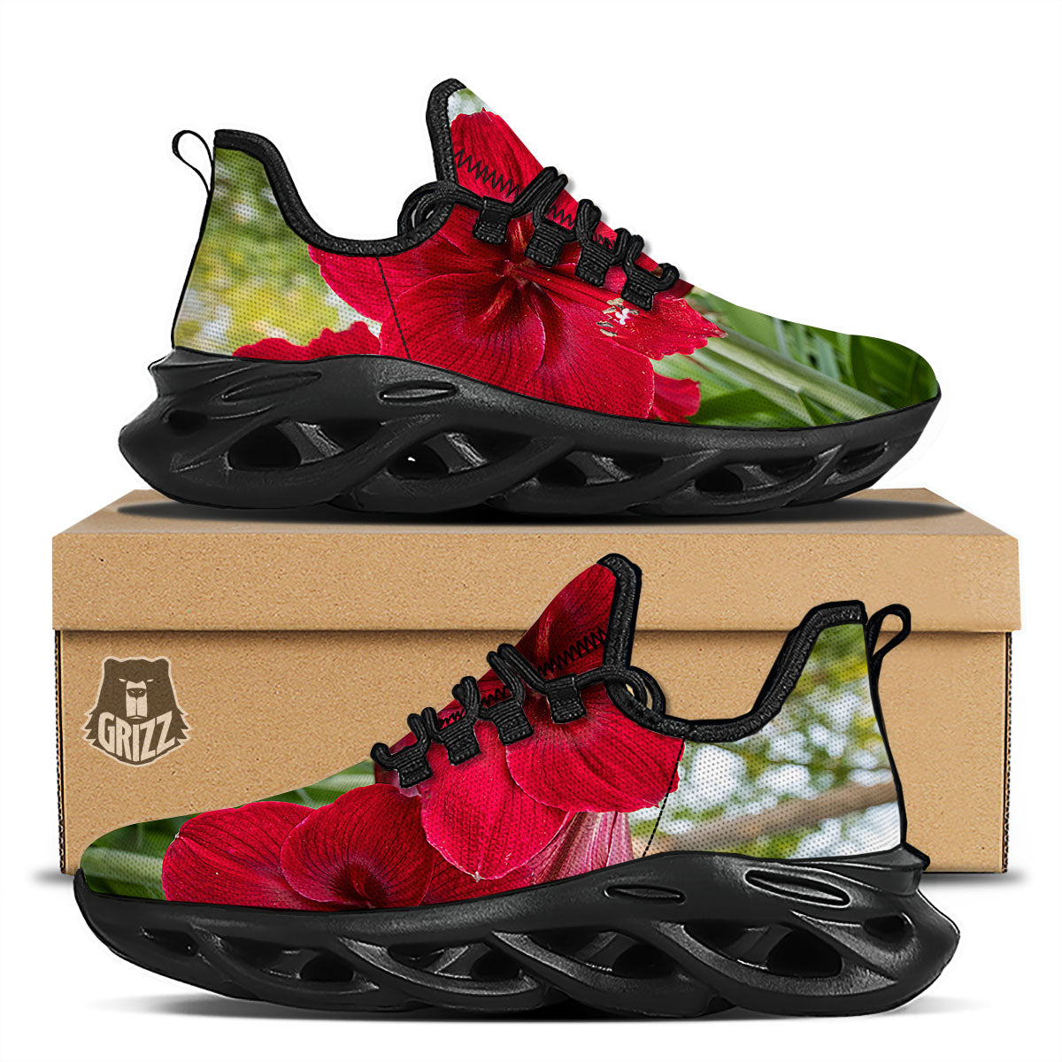 Amaryllis Red Print Black Running Shoes-grizzshop