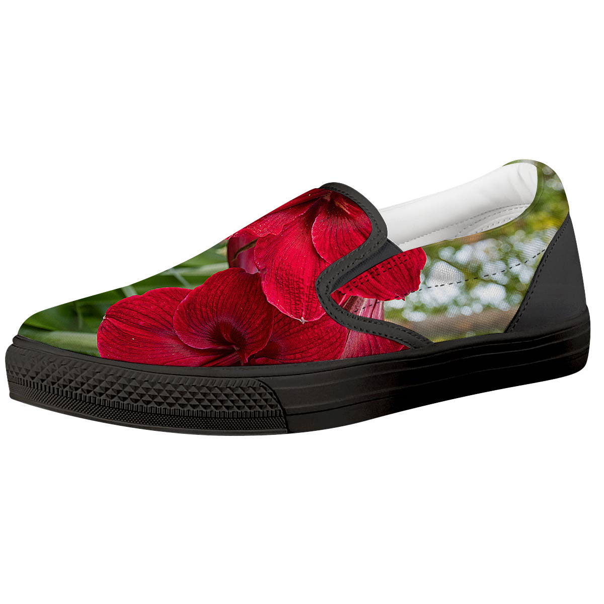 Amaryllis Red Print Black Slip On Shoes-grizzshop