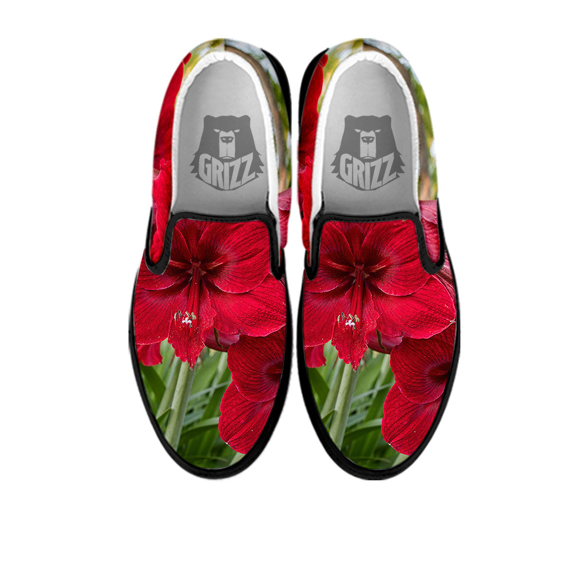 Amaryllis Red Print Black Slip On Shoes-grizzshop
