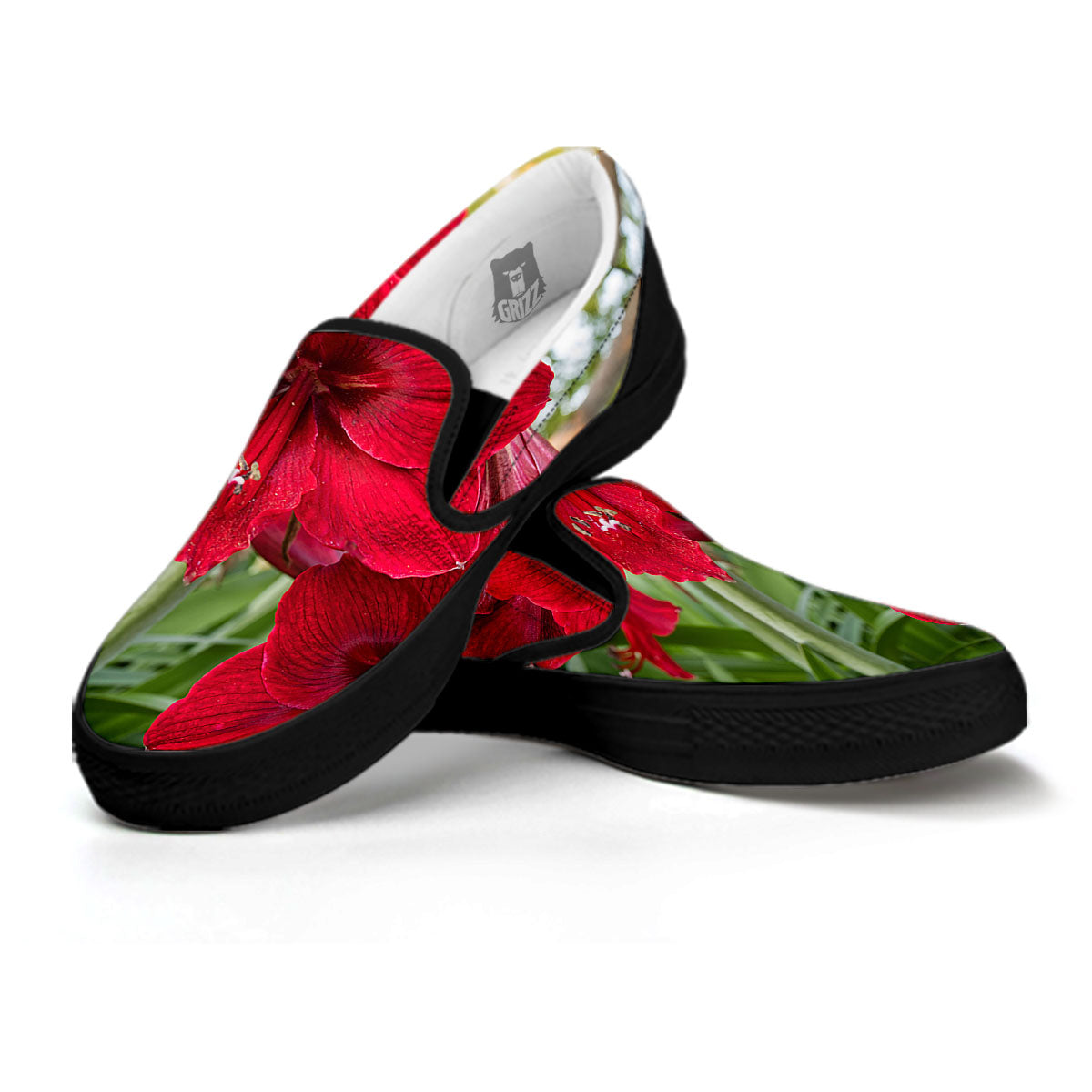 Amaryllis Red Print Black Slip On Shoes-grizzshop