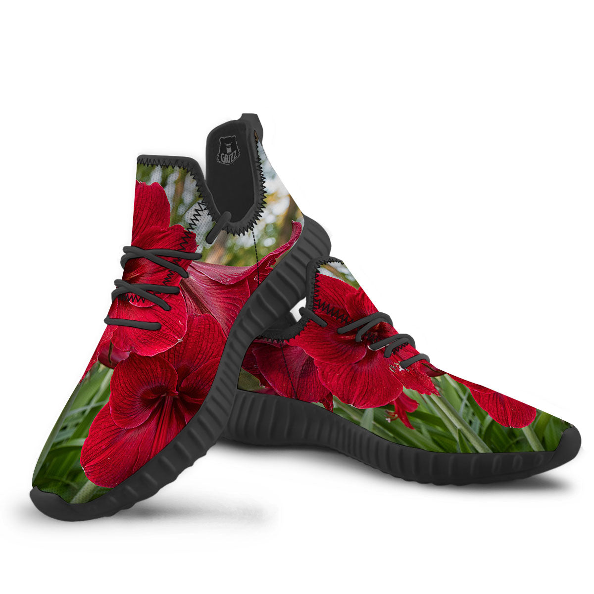 Amaryllis Red Print Black Walking Shoes-grizzshop