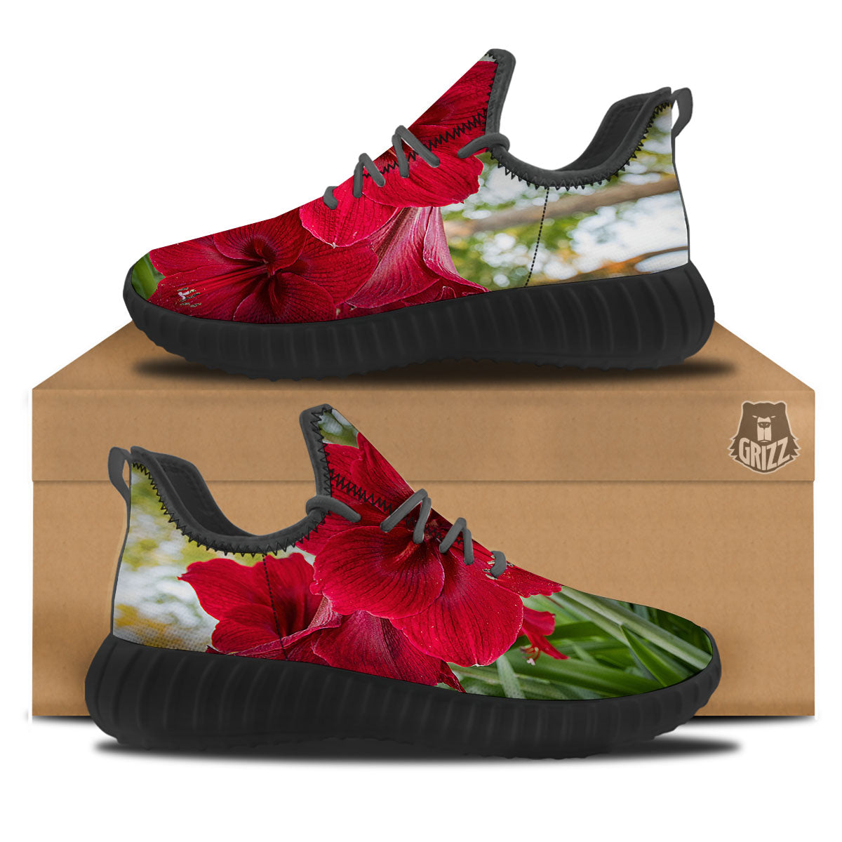Amaryllis Red Print Black Walking Shoes-grizzshop