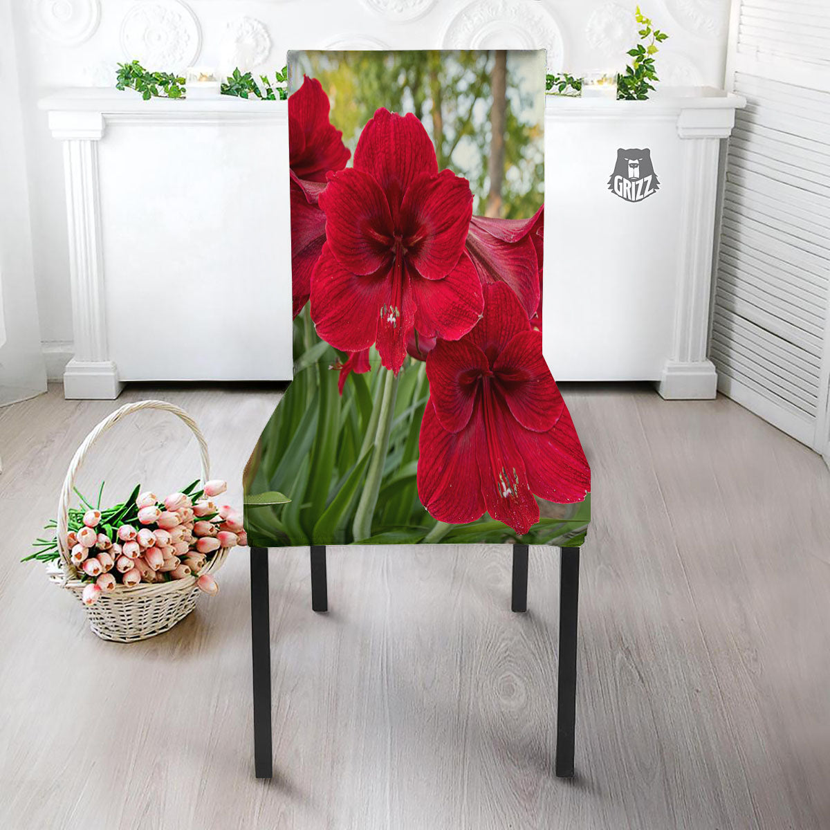 Amaryllis Red Print Dining Chair Slipcover-grizzshop