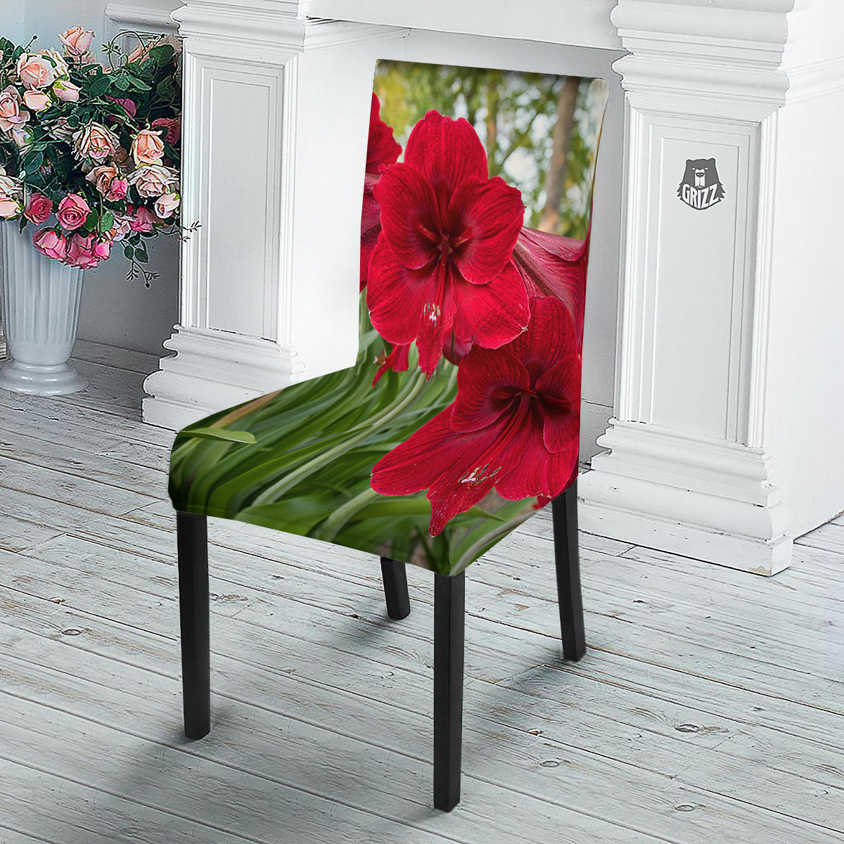Amaryllis Red Print Dining Chair Slipcover-grizzshop