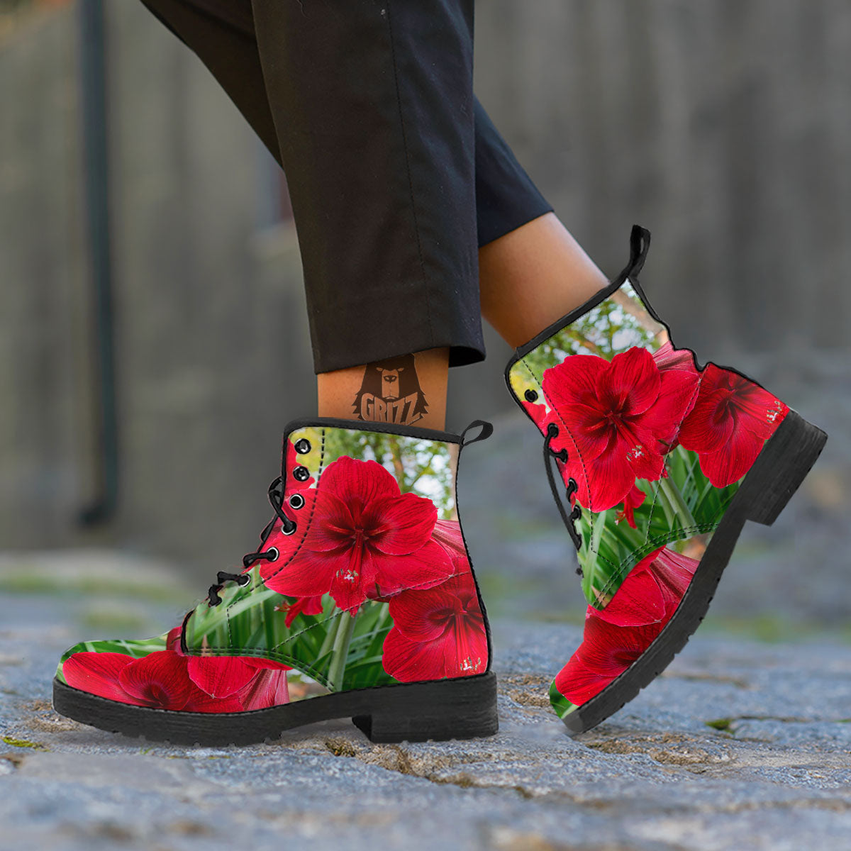 Amaryllis Red Print Leather Boots-grizzshop