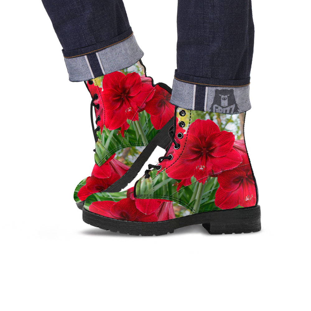Amaryllis Red Print Leather Boots-grizzshop