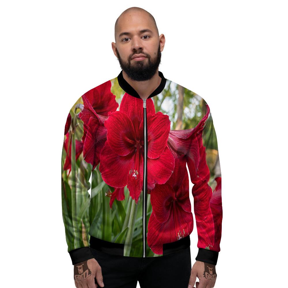 Amaryllis Red Print Men's Bomber Jacket-grizzshop