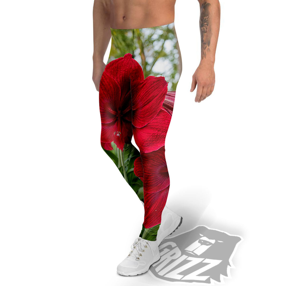 Amaryllis Red Print Men's Leggings-grizzshop