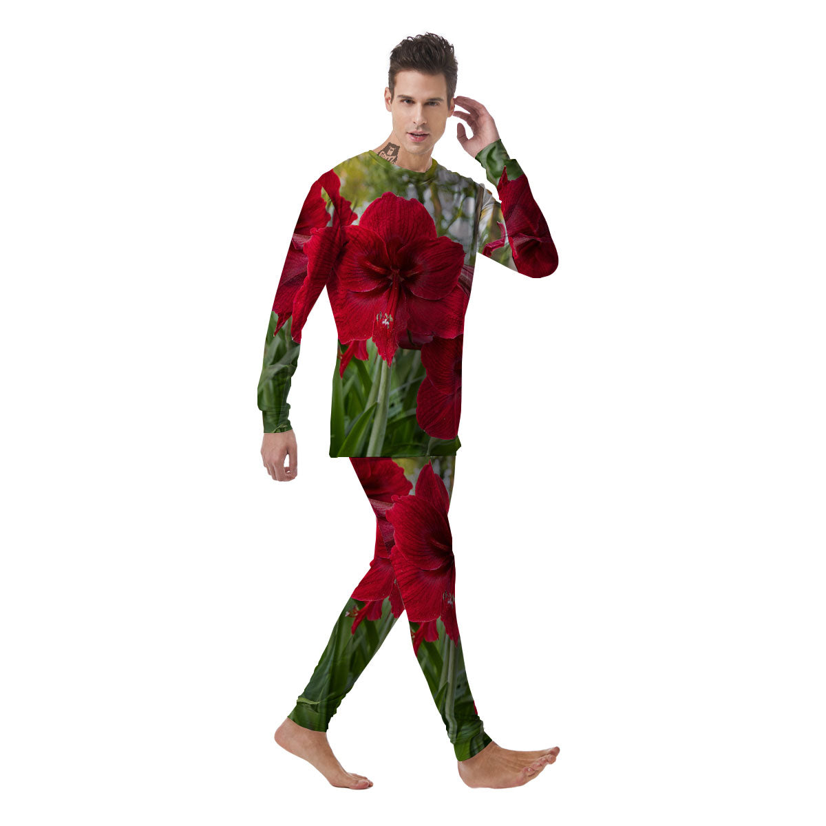 Amaryllis Red Print Men's Pajamas-grizzshop