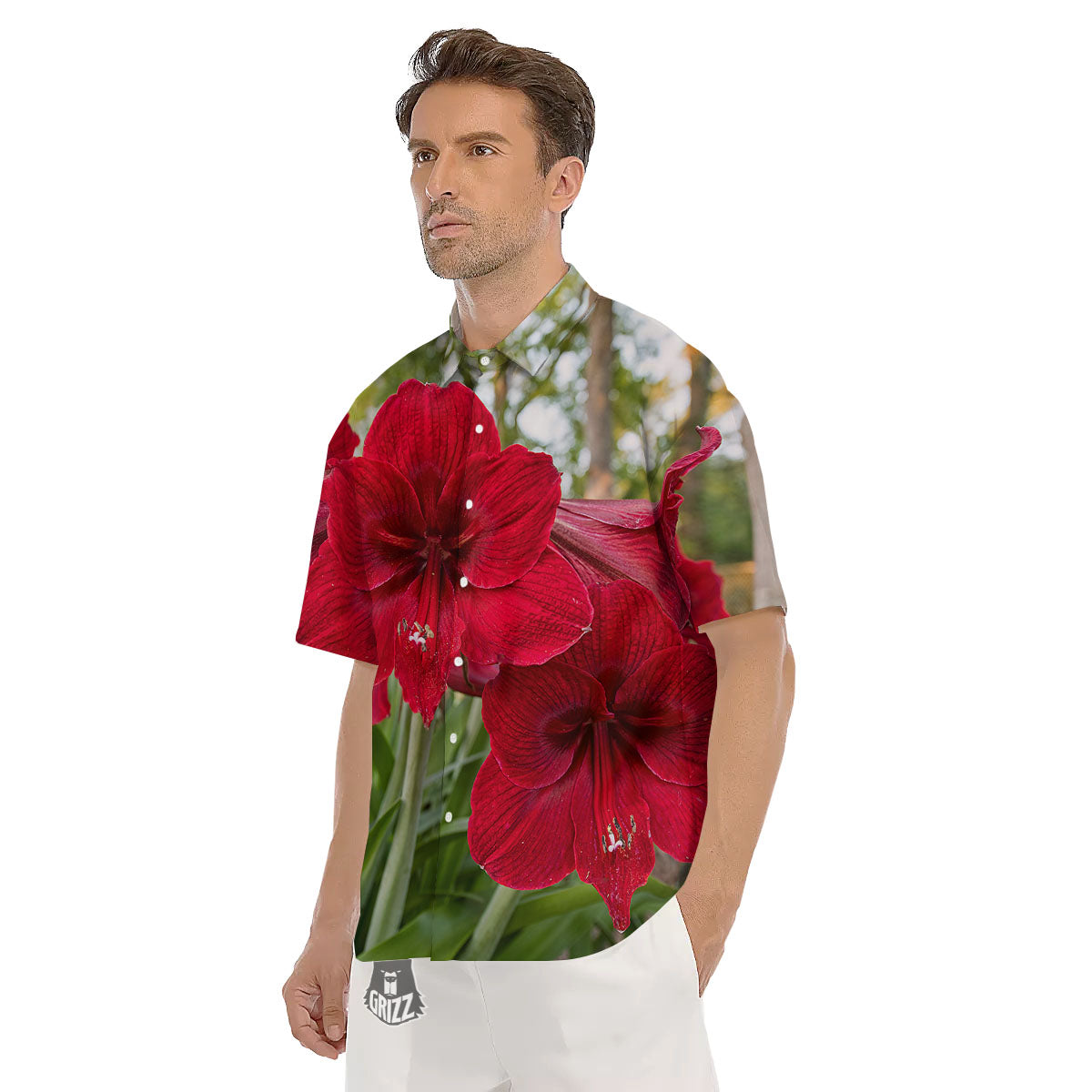 Amaryllis Red Print Men's Short Sleeve Shirts-grizzshop