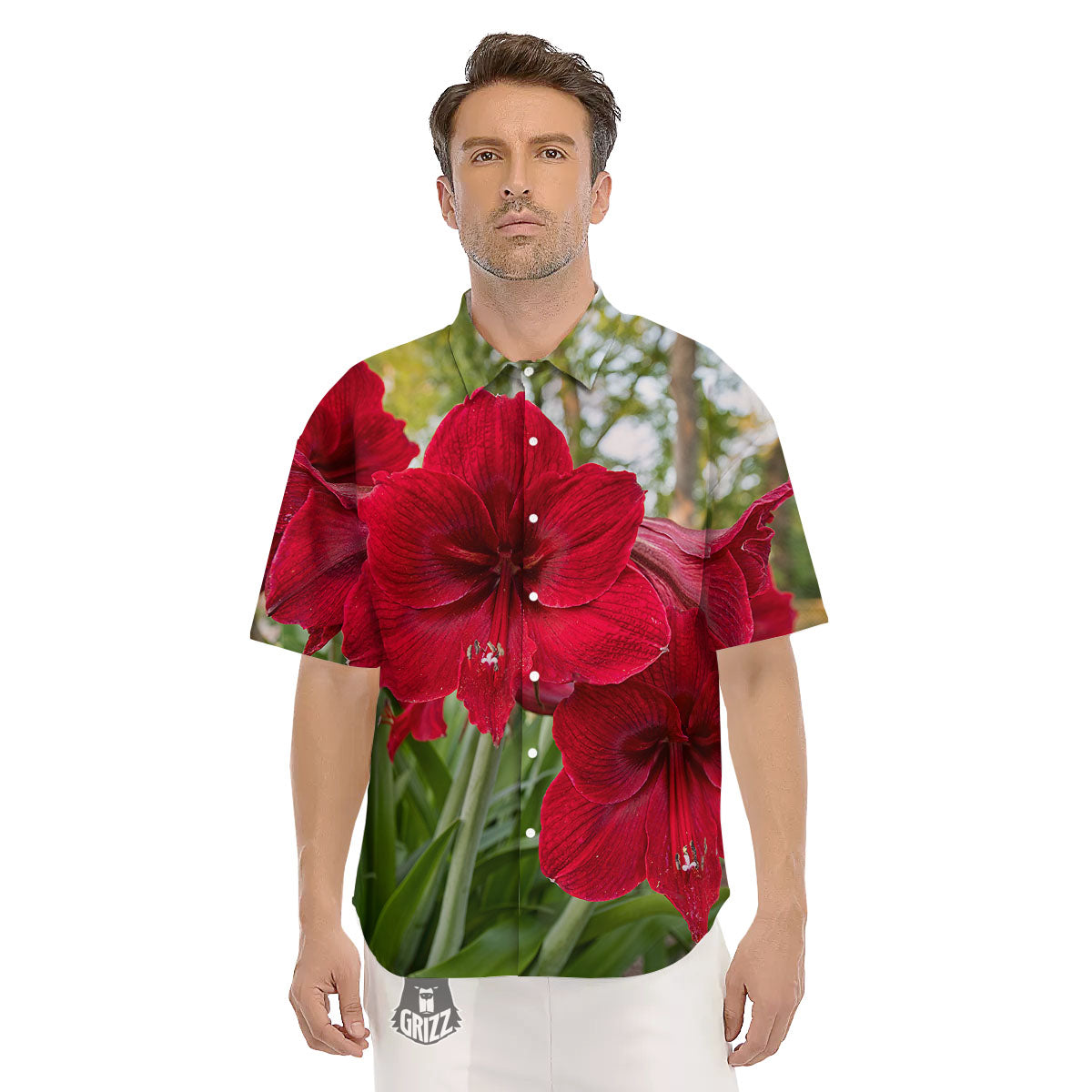 Amaryllis Red Print Men's Short Sleeve Shirts-grizzshop