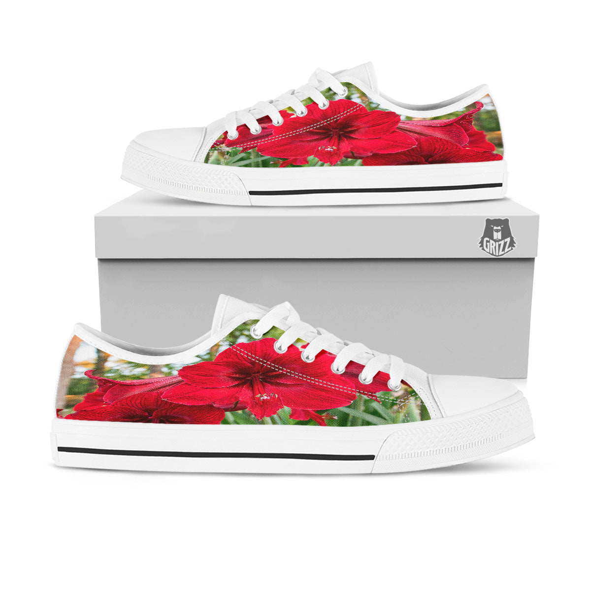 Amaryllis Red Print White Low Top Shoes-grizzshop
