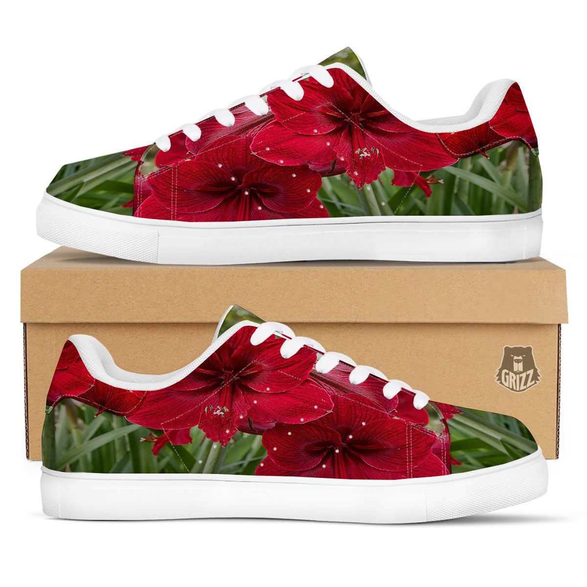 Amaryllis Red Print White Low Top Sneakers-grizzshop