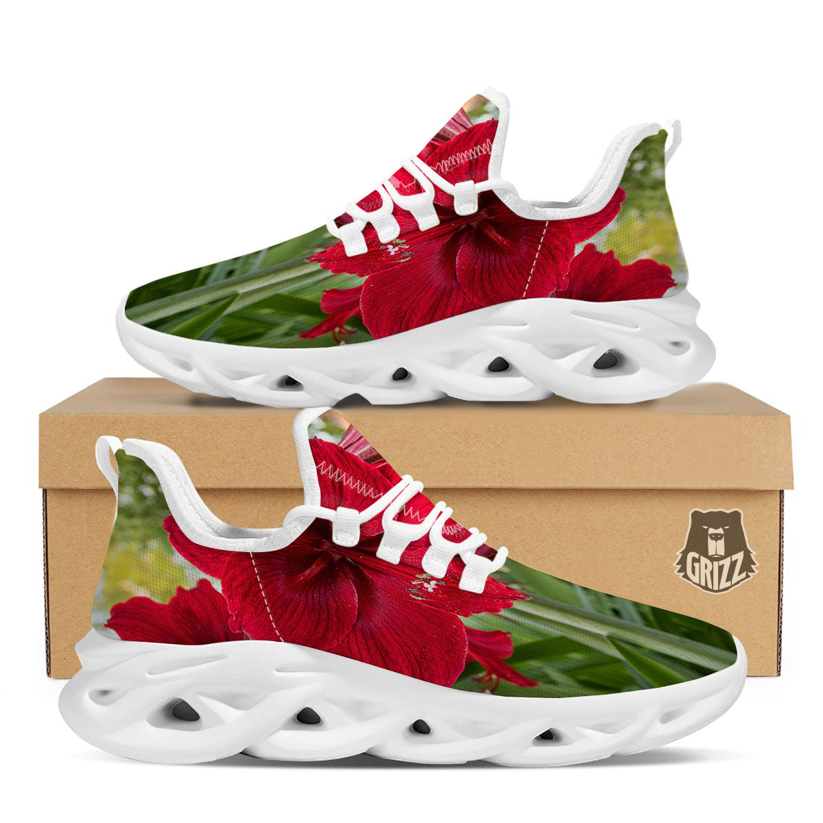 Amaryllis Red Print White Running Shoes-grizzshop