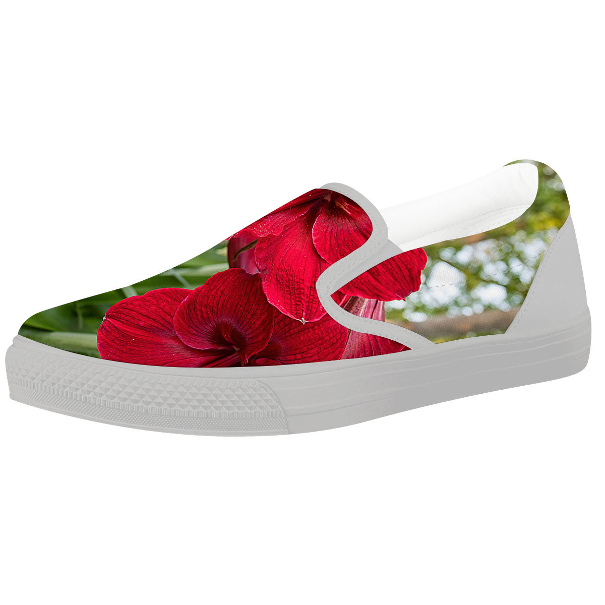 Amaryllis Red Print White Slip On Shoes-grizzshop
