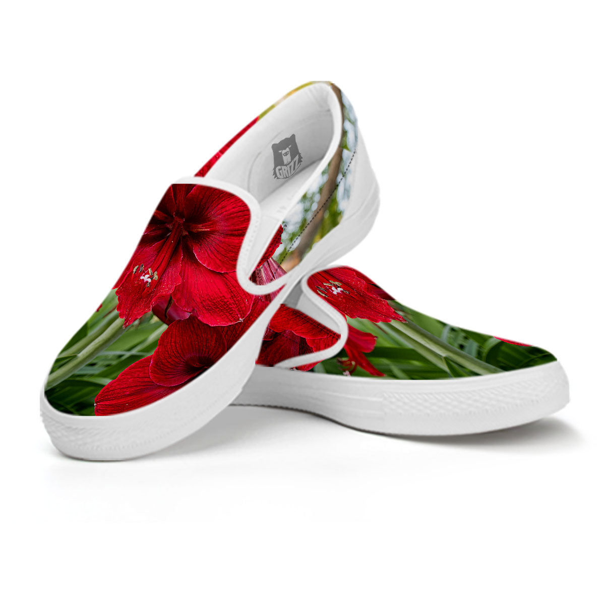 Amaryllis Red Print White Slip On Shoes-grizzshop