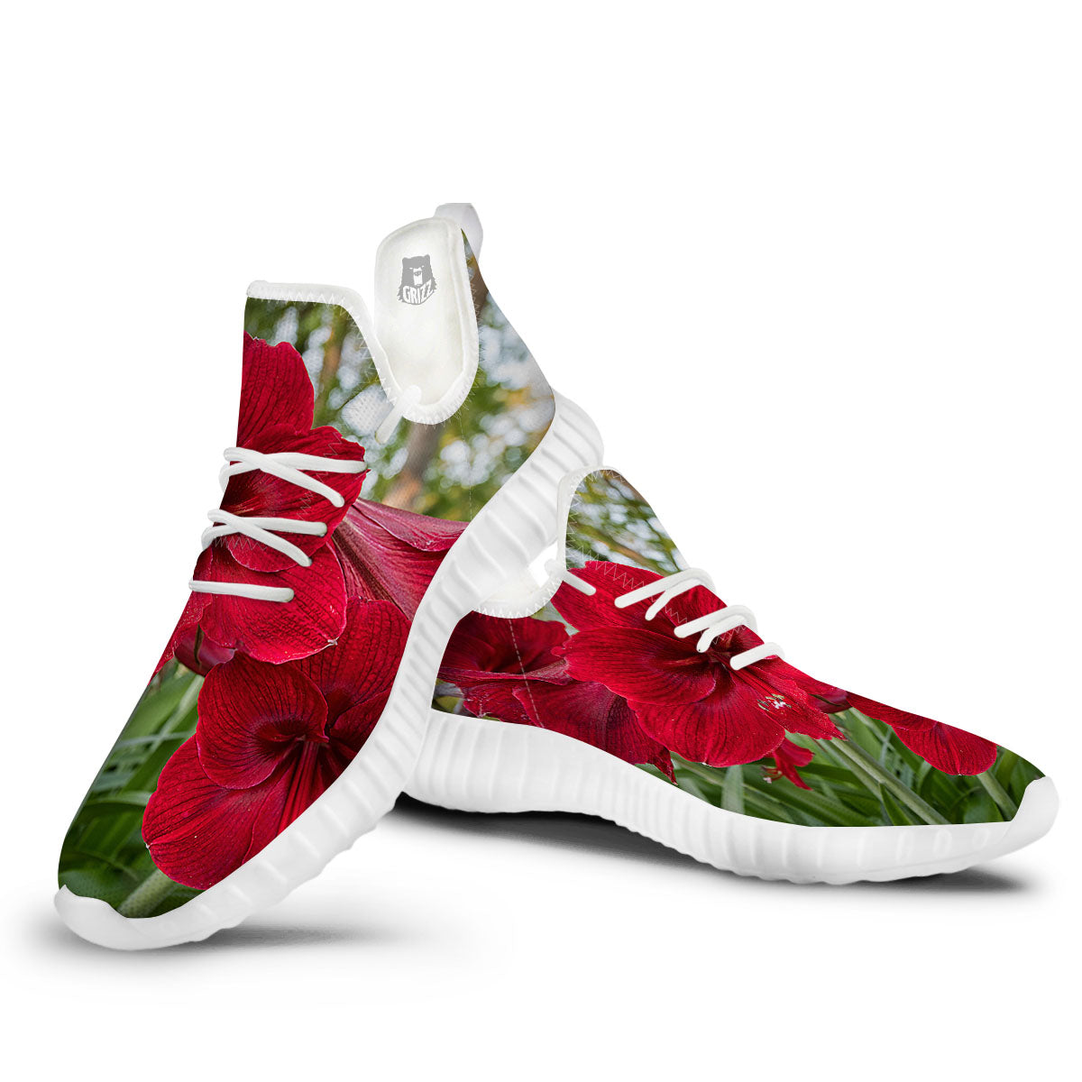 Amaryllis Red Print White Walking Shoes-grizzshop