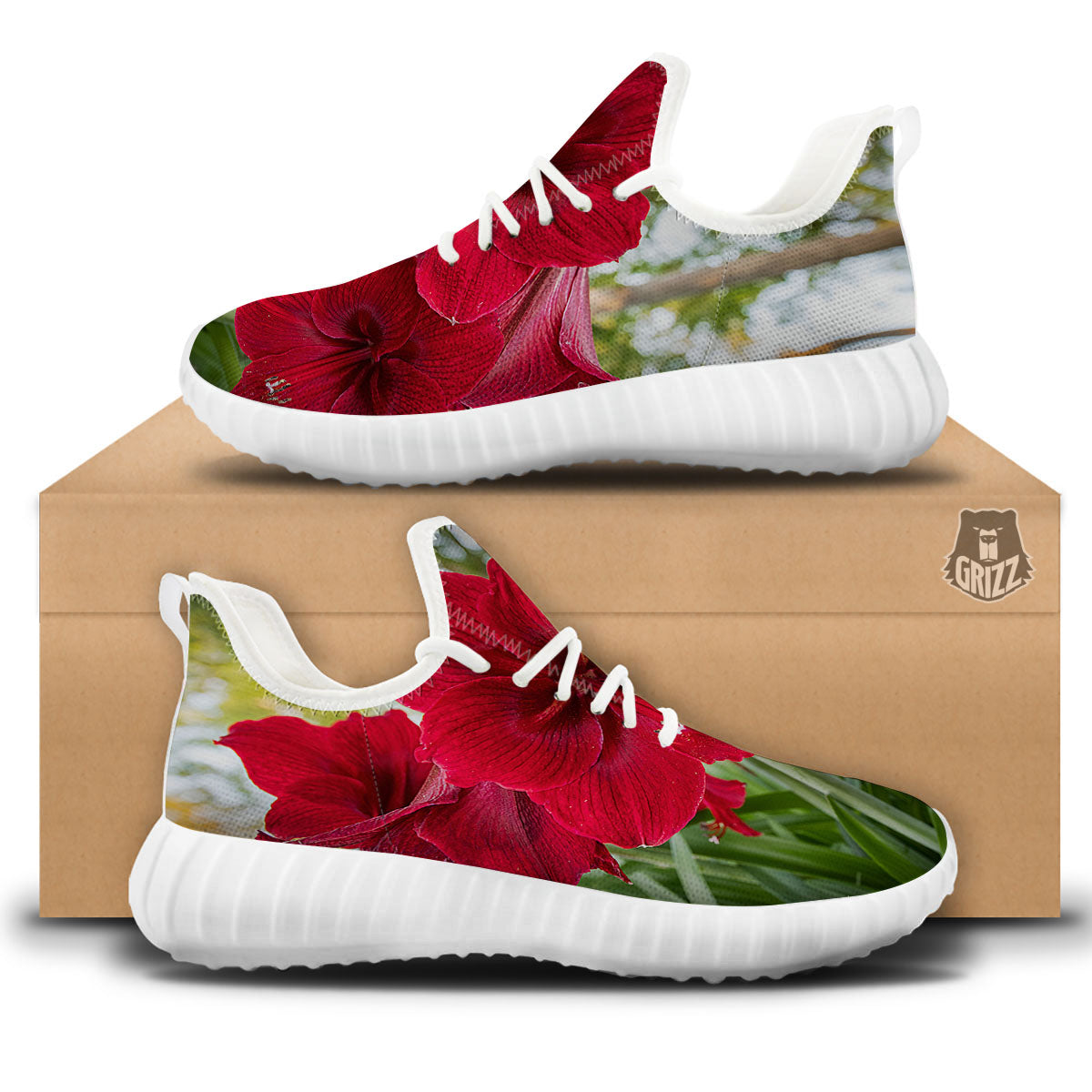Amaryllis Red Print White Walking Shoes-grizzshop