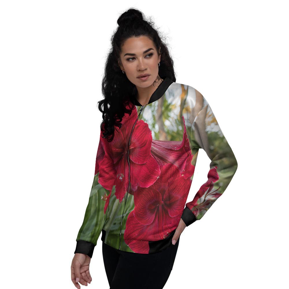 Amaryllis Red Print Women's Bomber Jacket-grizzshop