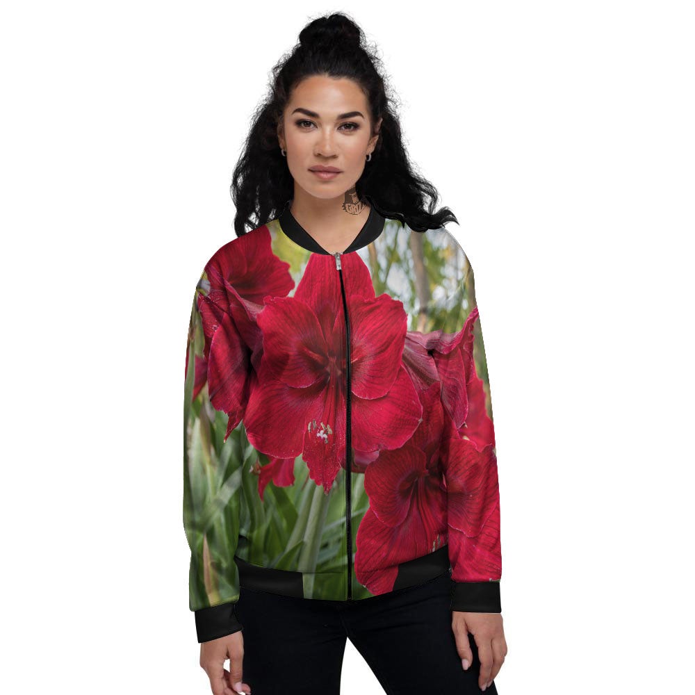 Amaryllis Red Print Women's Bomber Jacket-grizzshop