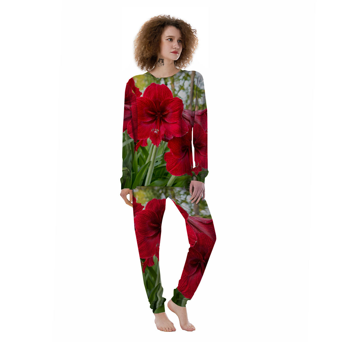 Amaryllis Red Print Women's Pajamas-grizzshop