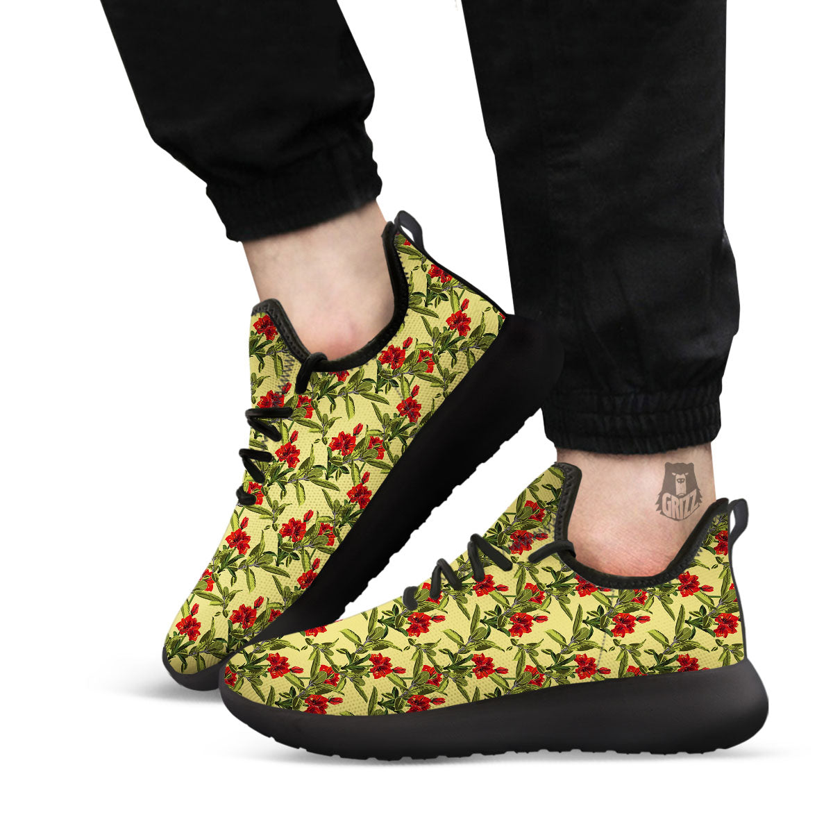 Amaryllis Red Yellow Print Pattern Black Athletic Shoes-grizzshop