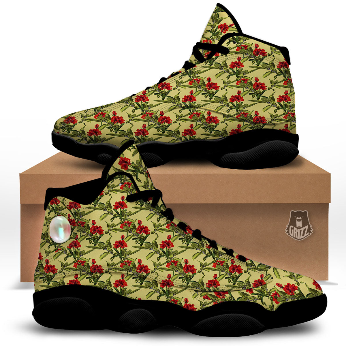 Amaryllis Red Yellow Print Pattern Black Basketball Shoes-grizzshop