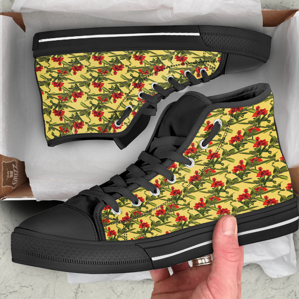 Amaryllis Red Yellow Print Pattern Black High Top Shoes-grizzshop