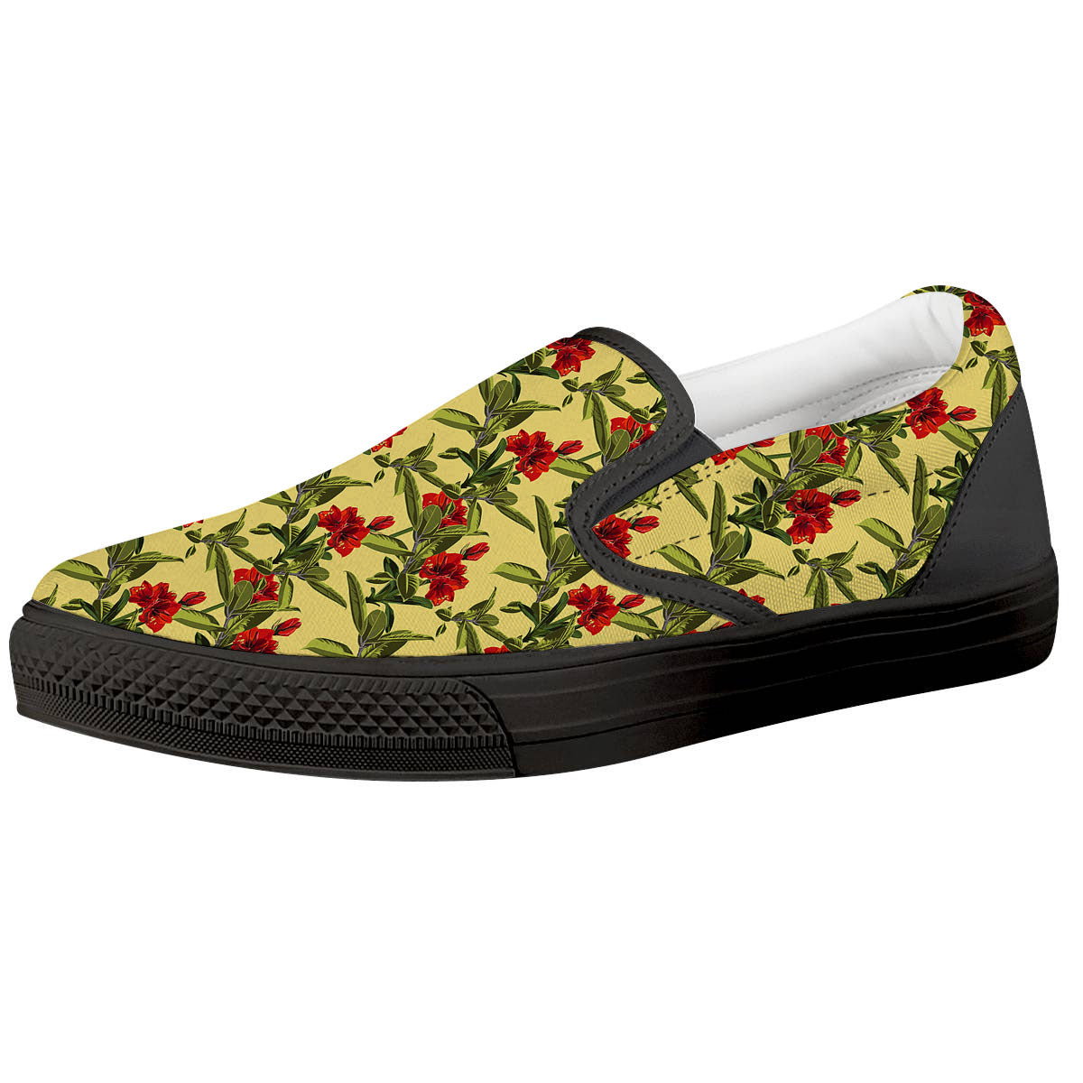 Amaryllis Red Yellow Print Pattern Black Slip On Shoes-grizzshop