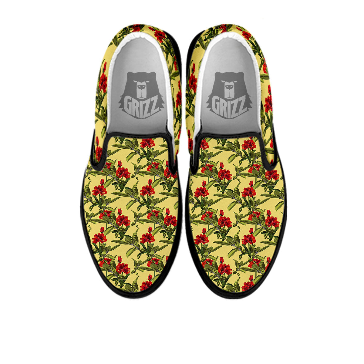 Amaryllis Red Yellow Print Pattern Black Slip On Shoes-grizzshop