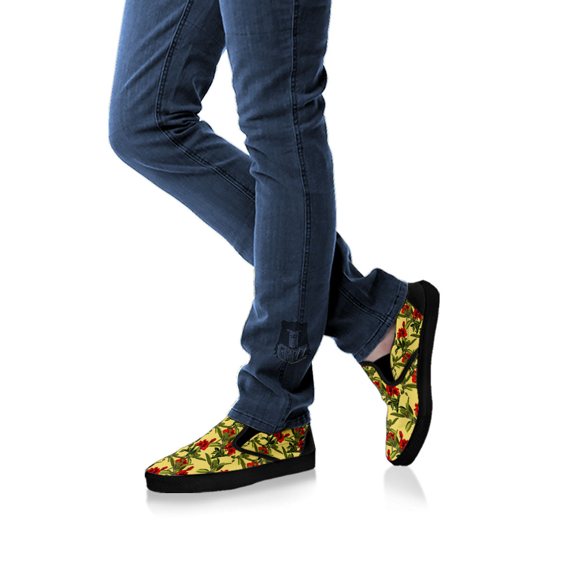 Amaryllis Red Yellow Print Pattern Black Slip On Shoes-grizzshop