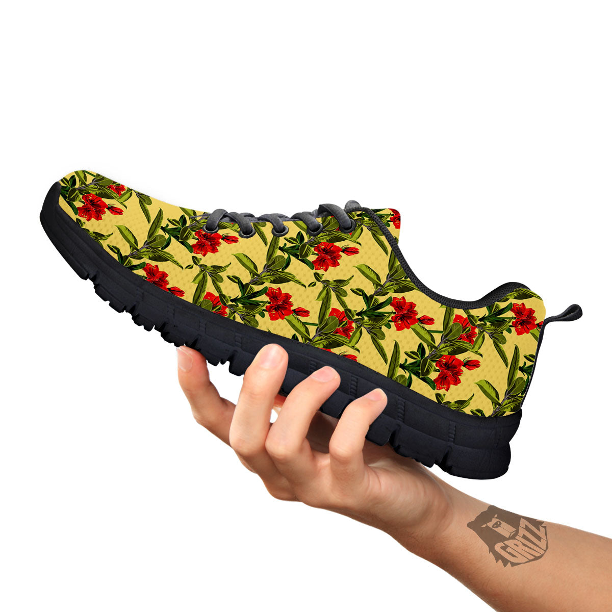 Amaryllis Red Yellow Print Pattern Black Sneaker-grizzshop