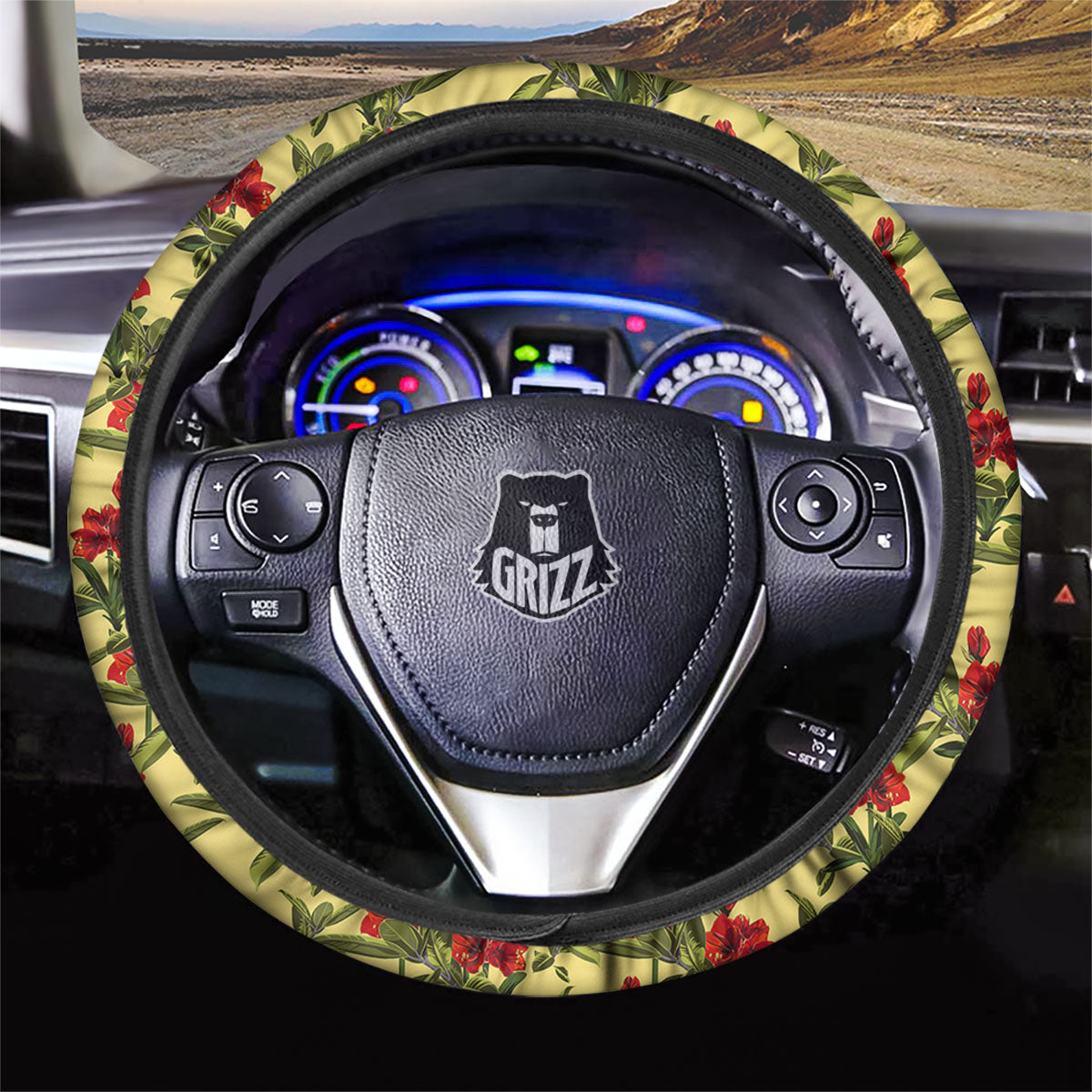 Amaryllis Red Yellow Print Pattern Car Steering Wheel Cover-grizzshop