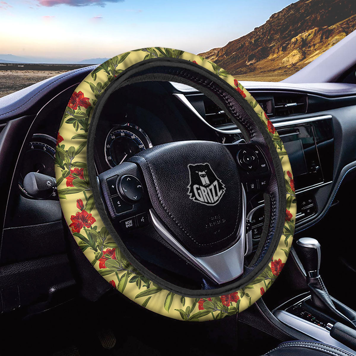 Amaryllis Red Yellow Print Pattern Car Steering Wheel Cover-grizzshop
