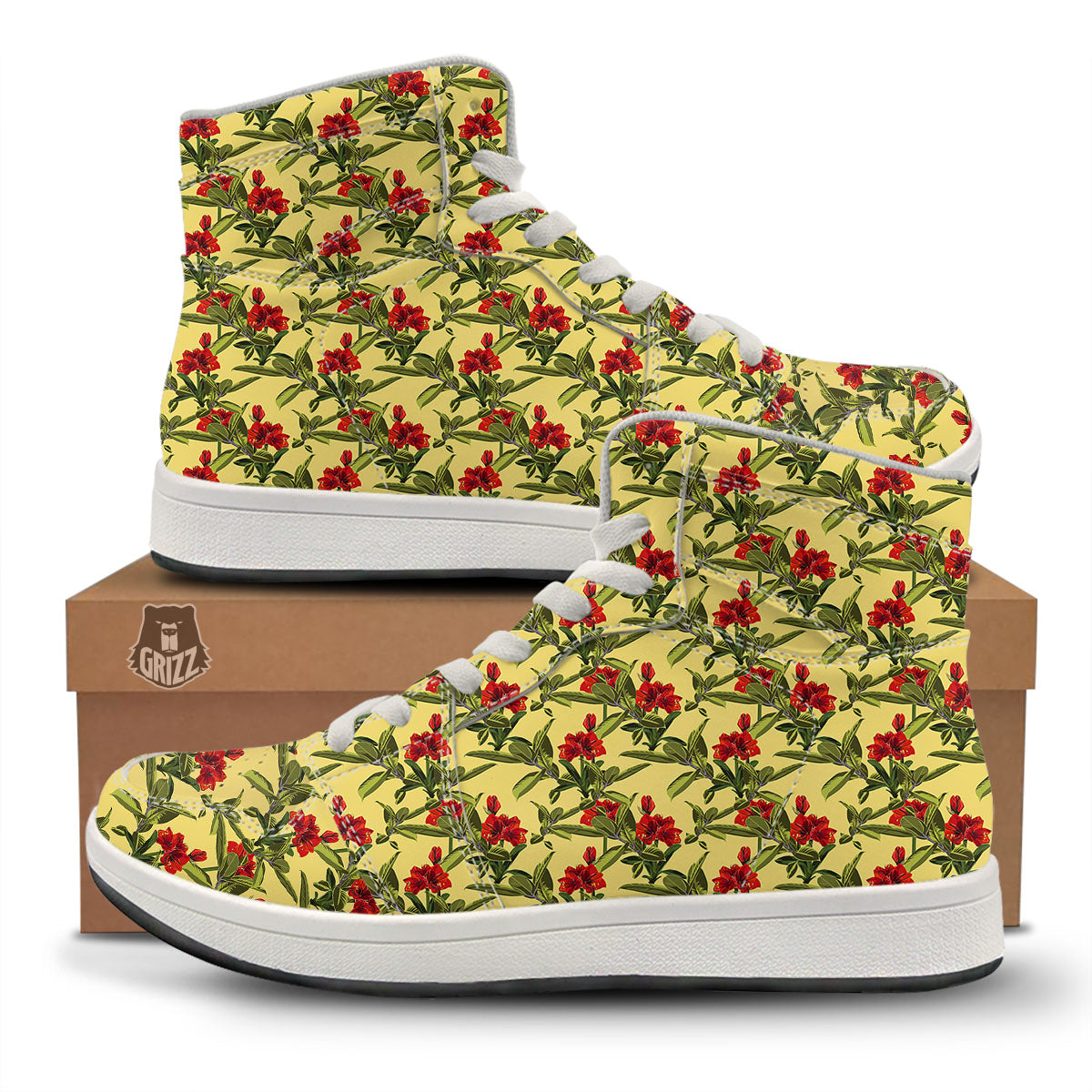 Amaryllis Red Yellow Print Pattern High Top Sneakers-grizzshop