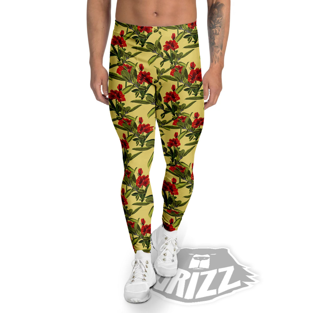 Amaryllis Red Yellow Print Pattern Men's Leggings-grizzshop