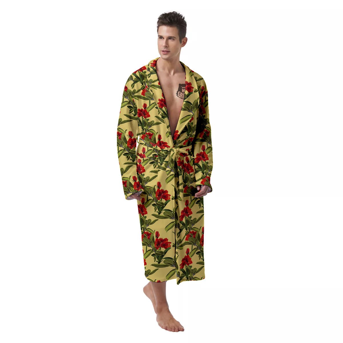 Amaryllis Red Yellow Print Pattern Men's Robe-grizzshop