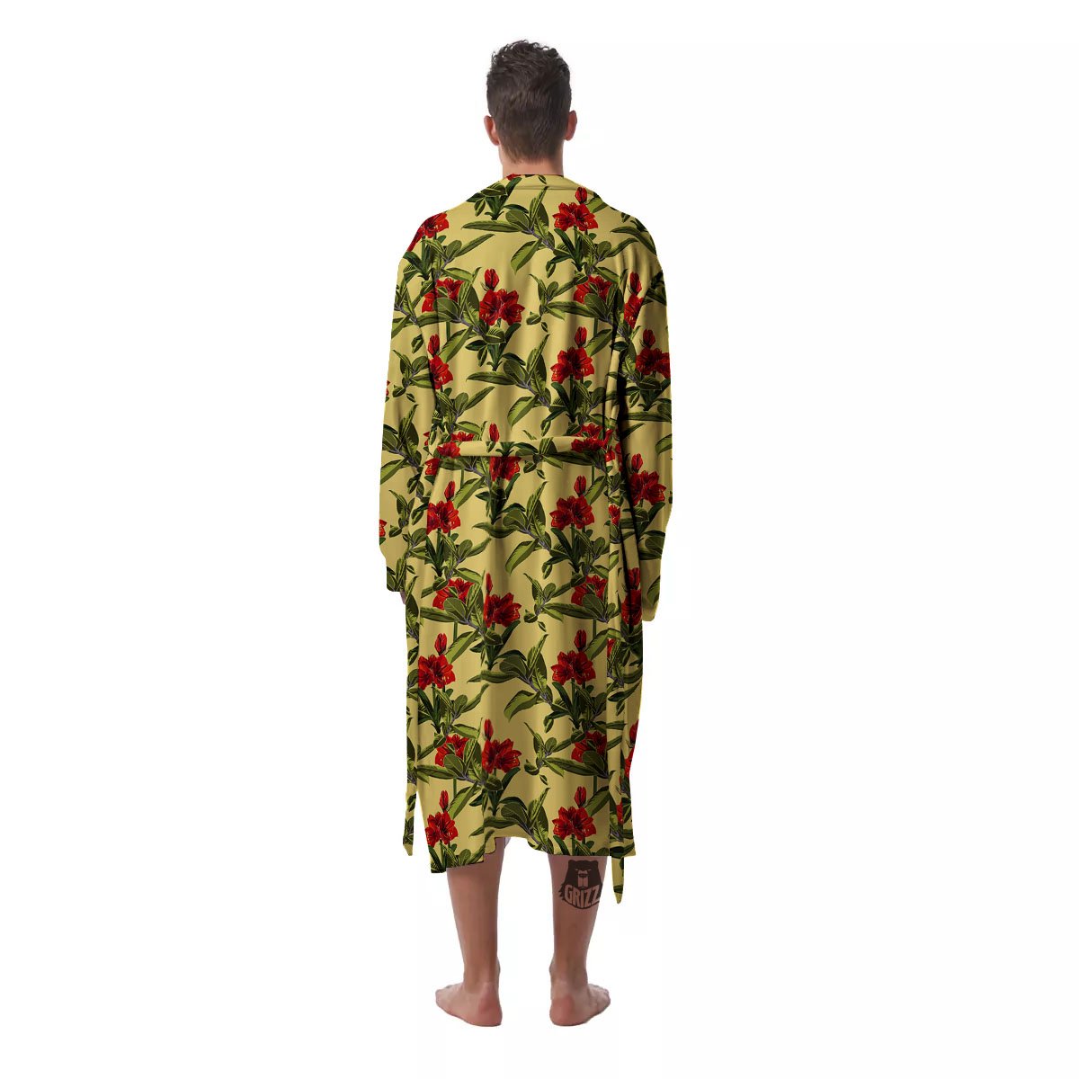 Amaryllis Red Yellow Print Pattern Men's Robe-grizzshop
