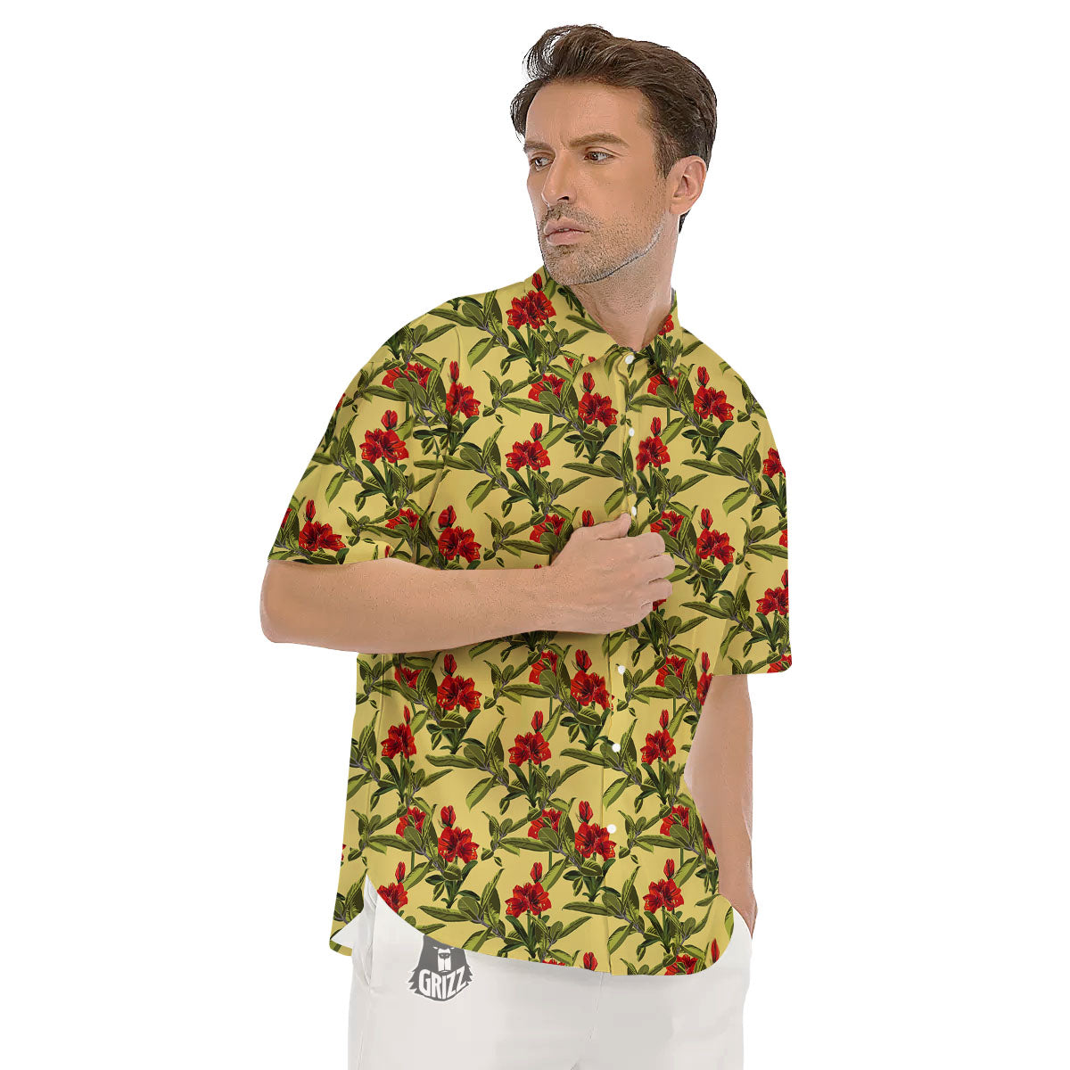 Amaryllis Red Yellow Print Pattern Men's Short Sleeve Shirts-grizzshop