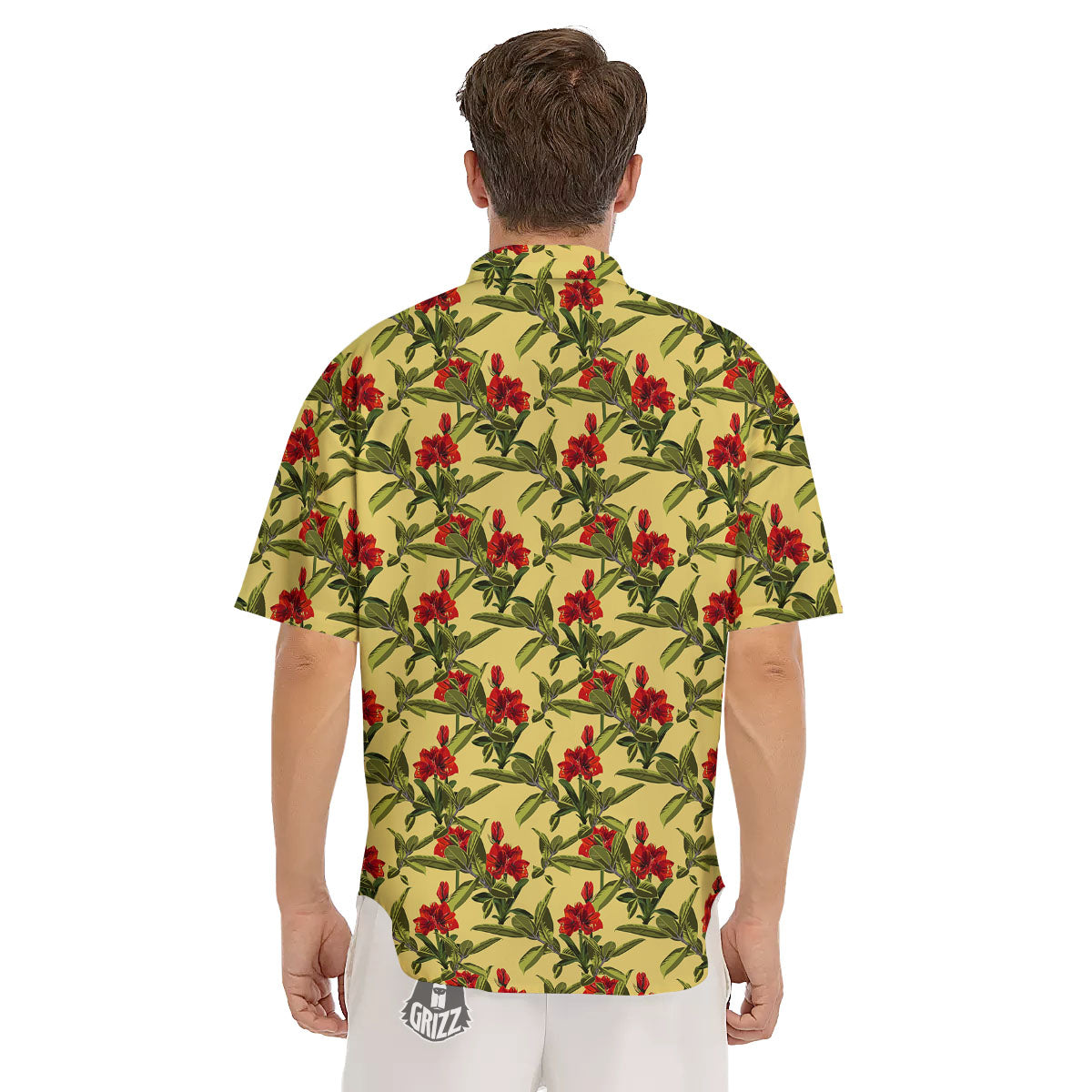 Amaryllis Red Yellow Print Pattern Men's Short Sleeve Shirts-grizzshop