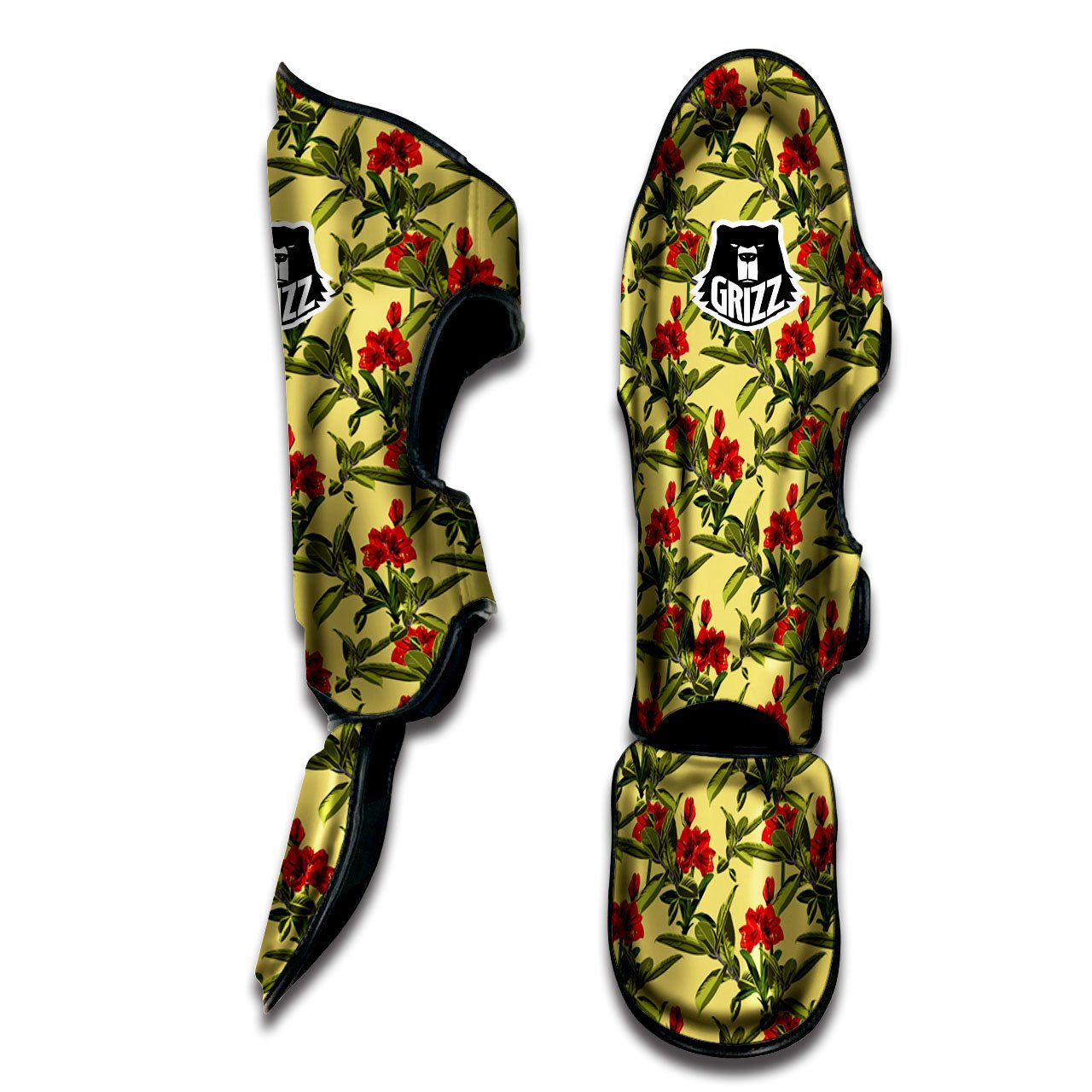 Amaryllis Red Yellow Print Pattern Muay Thai Shin Guards-grizzshop