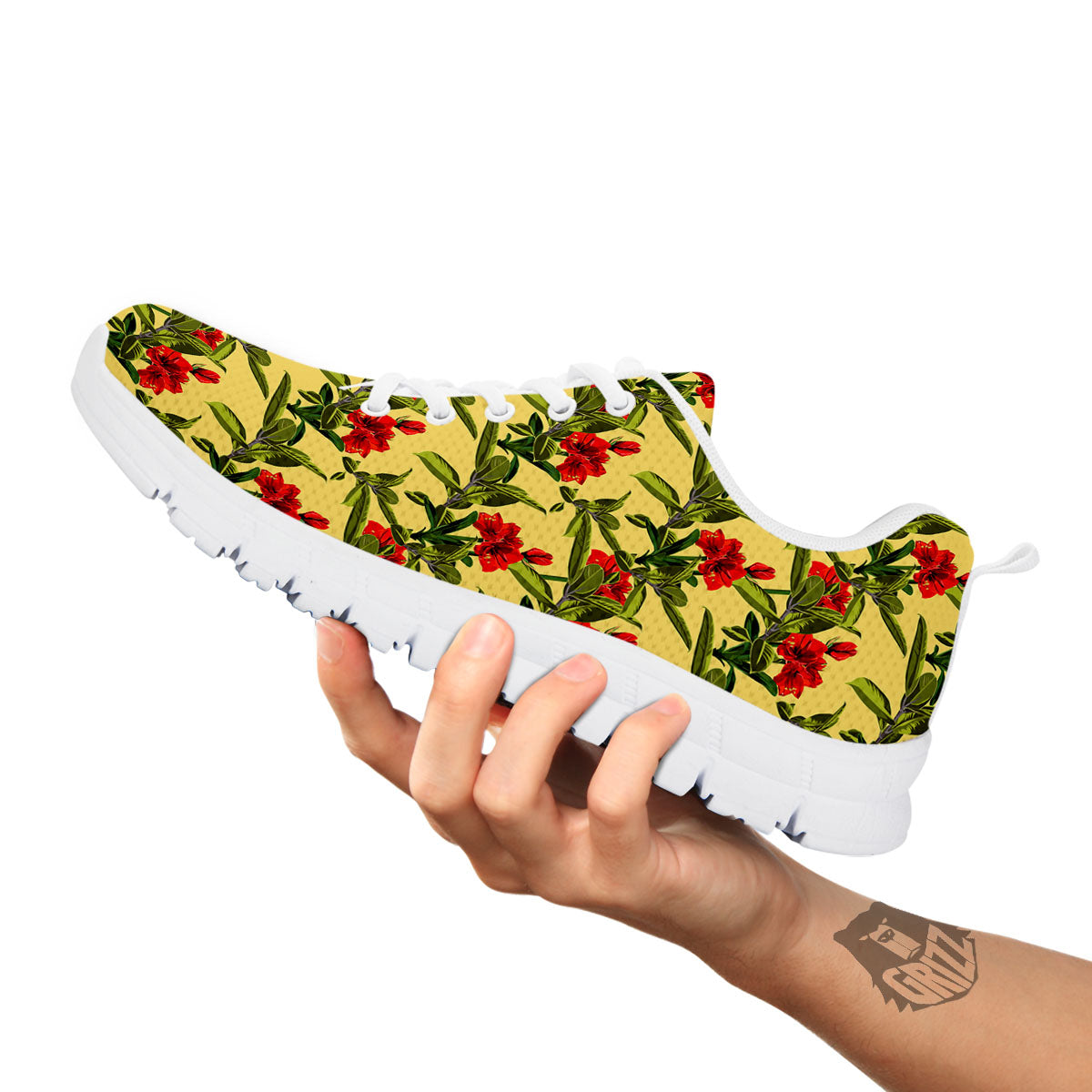 Amaryllis Red Yellow Print Pattern White Sneaker-grizzshop