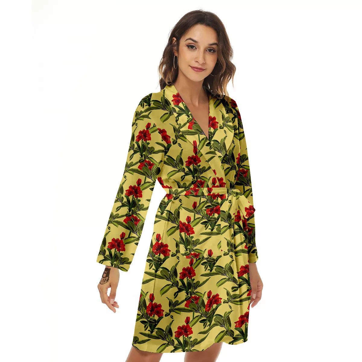 Amaryllis Red Yellow Print Pattern Women's Robe-grizzshop