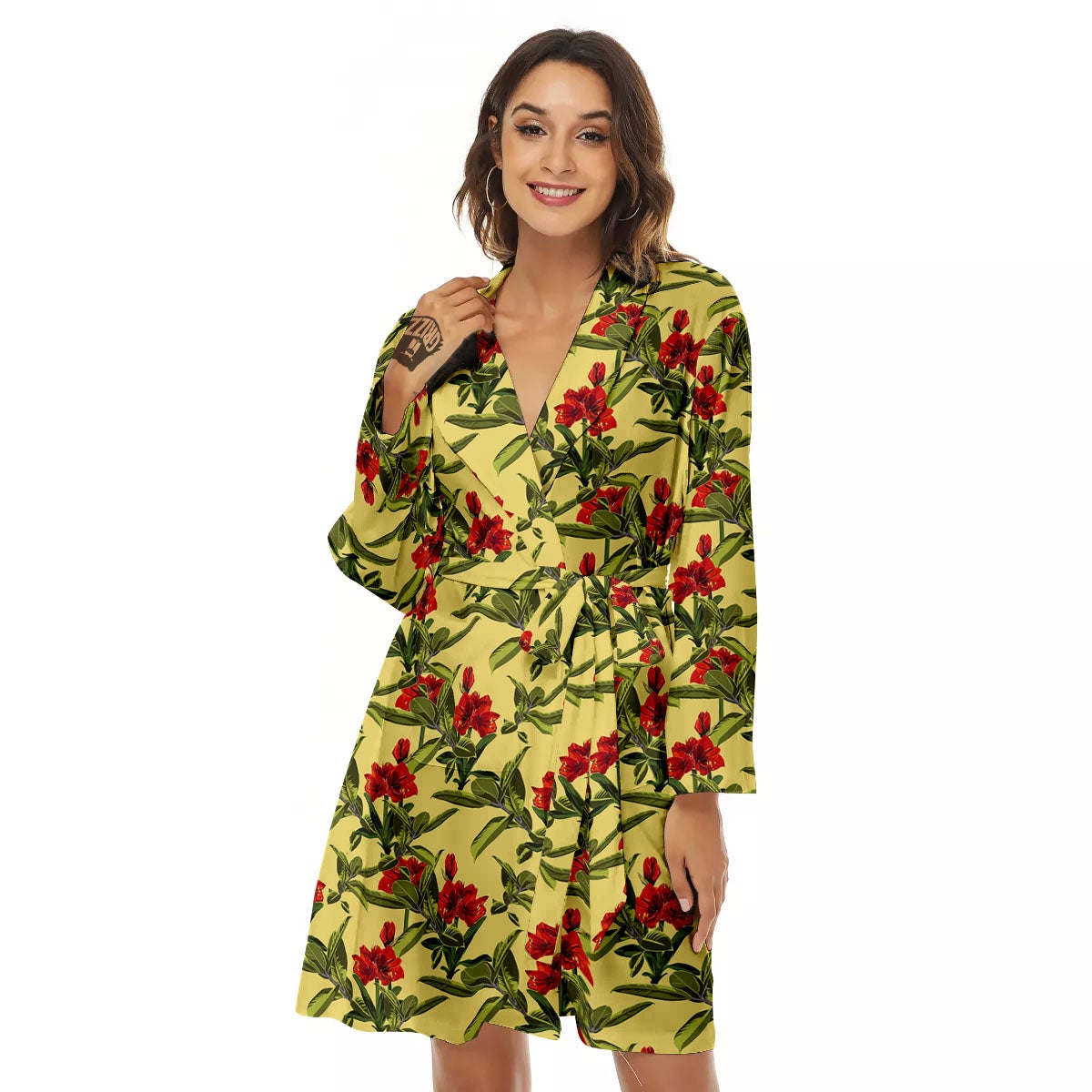 Amaryllis Red Yellow Print Pattern Women's Robe-grizzshop