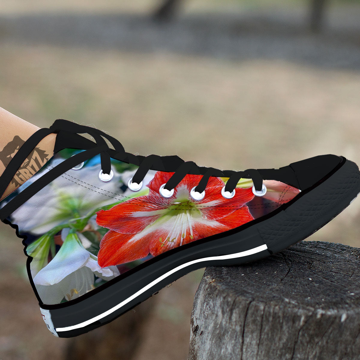 Amaryllis White And Red Print Black High Top Shoes-grizzshop