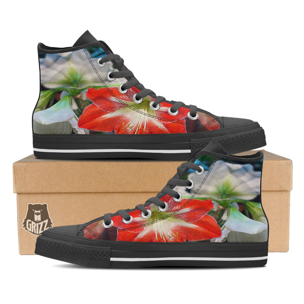 Amaryllis White And Red Print Black High Top Shoes-grizzshop