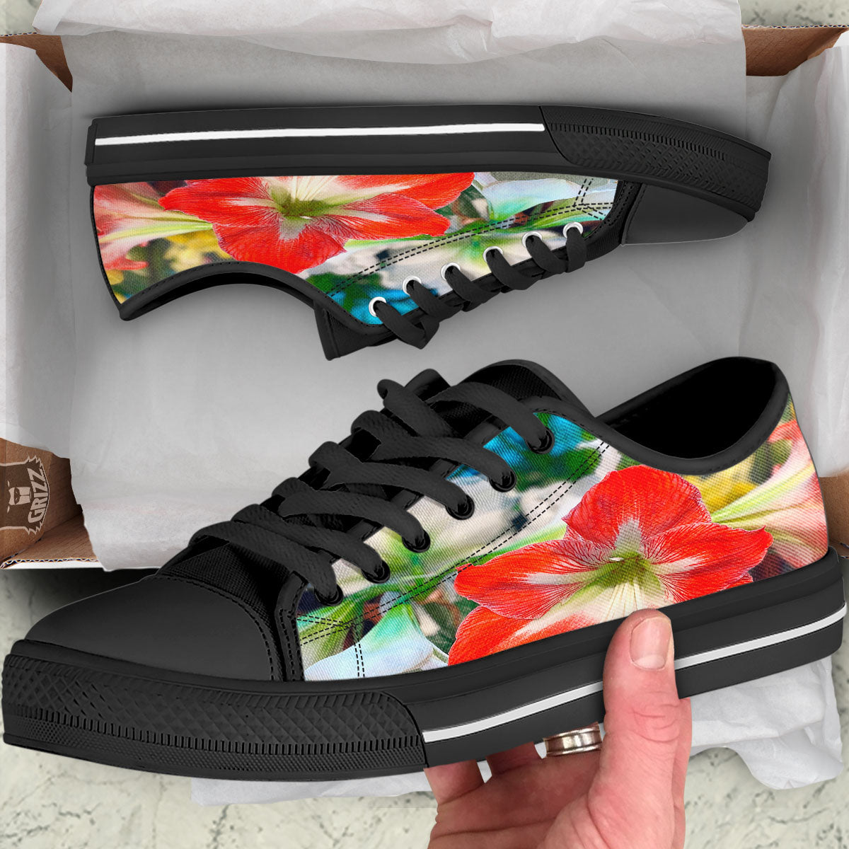 Amaryllis White And Red Print Black Low Top Shoes-grizzshop